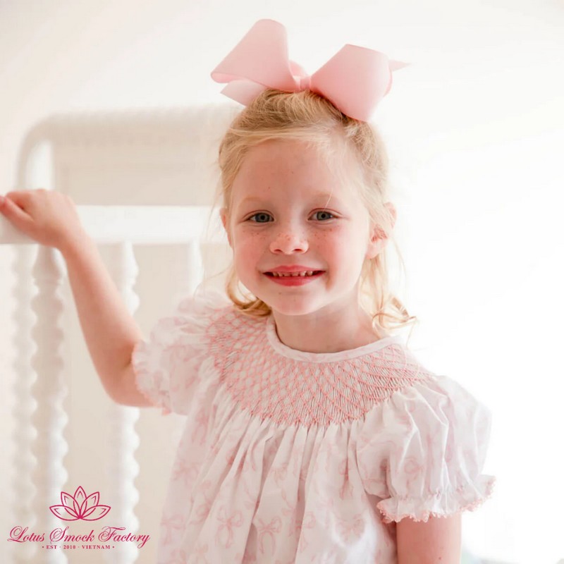 Smocked Valentine Dress 2025 Pink Bow Printed Dress Wholesale Smocked Clothing