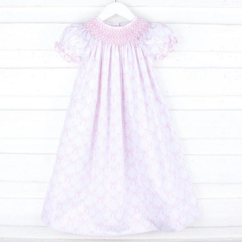 Smocked Valentine Dress 2025 Pink Bow Printed Dress Wholesale Smocked Clothing