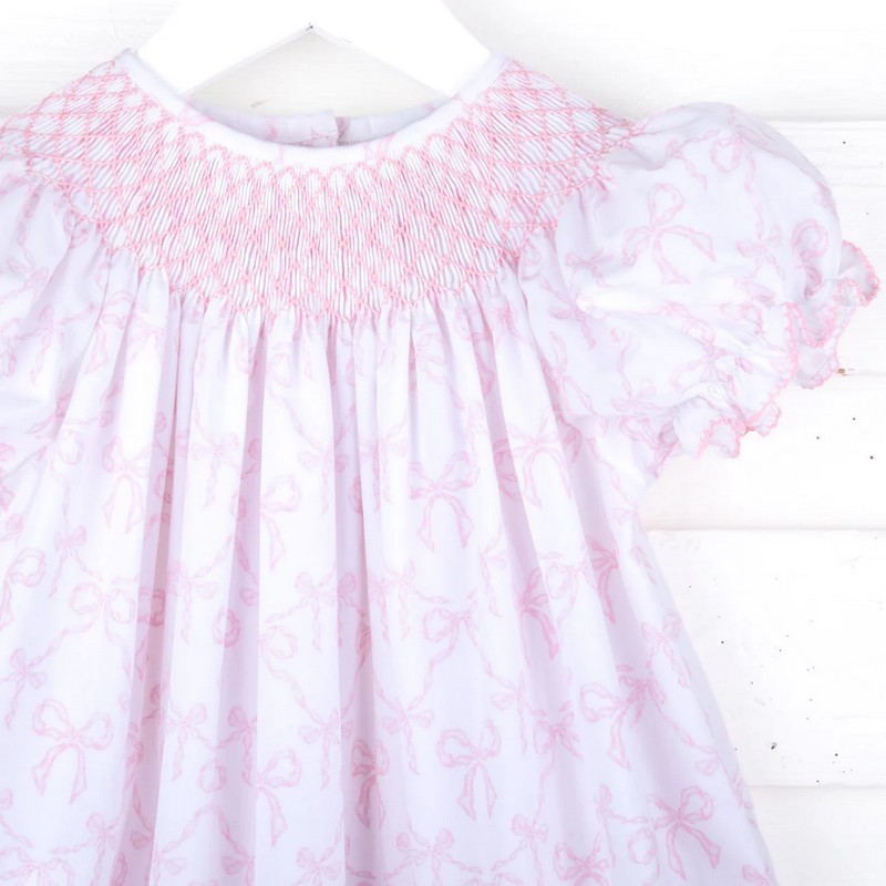 Smocked Valentine Dress 2025 Pink Bow Printed Dress Wholesale Smocked Clothing