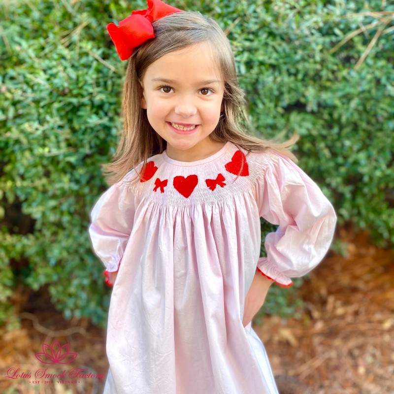 Smocked Valentine Dress 2025 Pink Heart Bow Dress Wholesale Smocked Clothing
