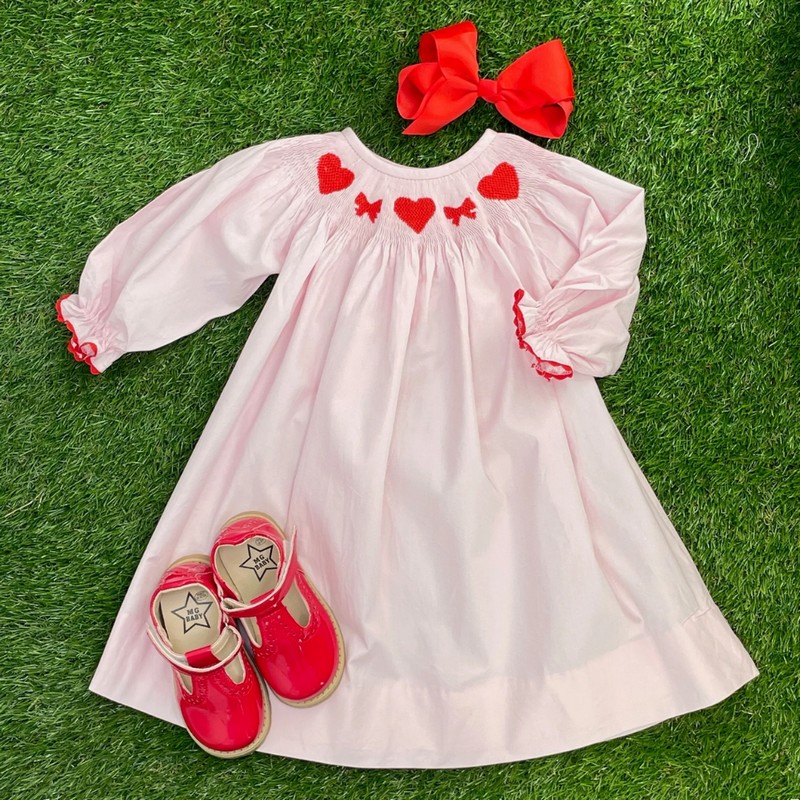 Smocked Valentine Dress 2026 Pink Heart Bow Dress Wholesale Smocked Clothing