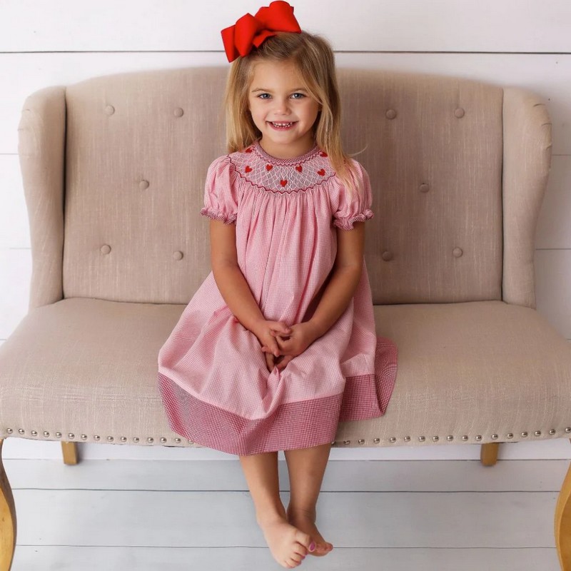 Smocked Valentine Dress 2025 Pink Heart Dress Wholesale Smocked Clothing