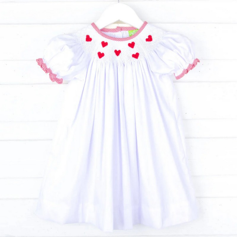 Smocked Valentine Dress 2026 White Hearts Dress Wholesale Smocked Clothing