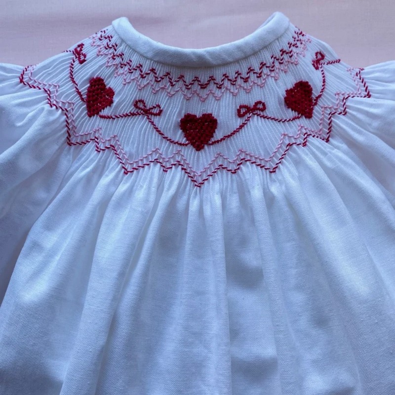 Smocked Valentine Dress 2025 White Heart Dress Wholesale Smocked Clothing