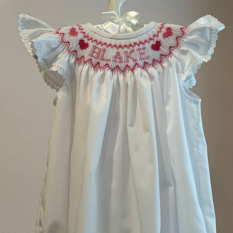 Smocked Valentine Dress 2025 White Pink Bishop Dress Wholesale Smocked Clothing