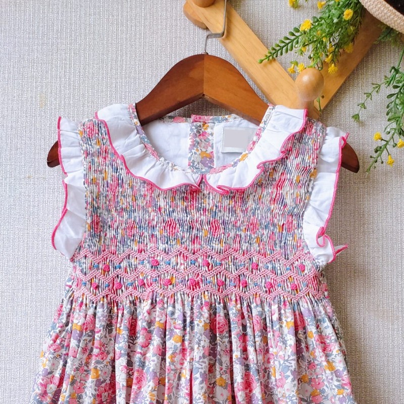 Spring Summer Dress 2025 Floral Geometric Smocked Sleeveless Dress Wholesale Smocked Clothing