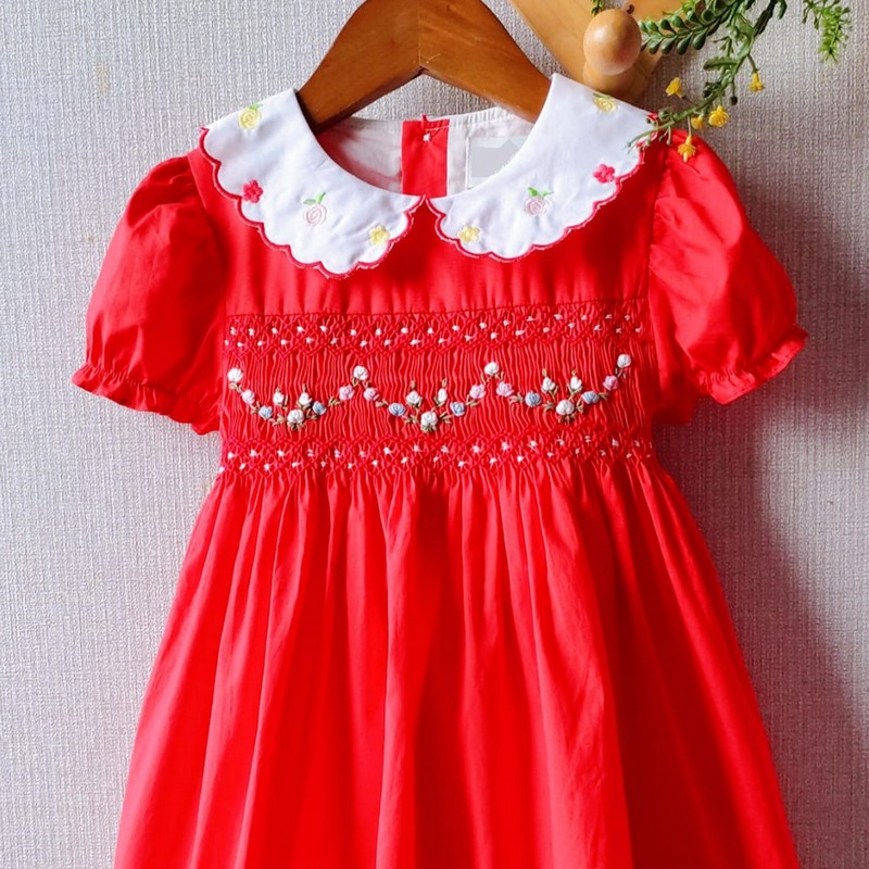 Spring Summer Dress 2025 Geometric Smocked Red Dress Wholesale Smocked Clothing