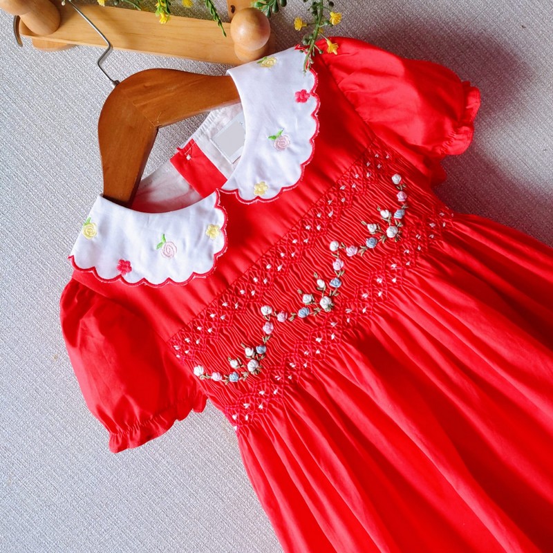 Spring Summer Dress 2025 Geometric Smocked Red Dress Wholesale Smocked Clothing