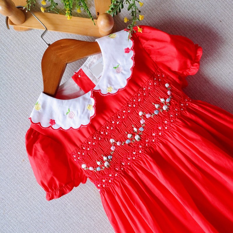 Spring Summer Dress 2025 Geometric Smocked Red Dress Wholesale Smocked Clothing
