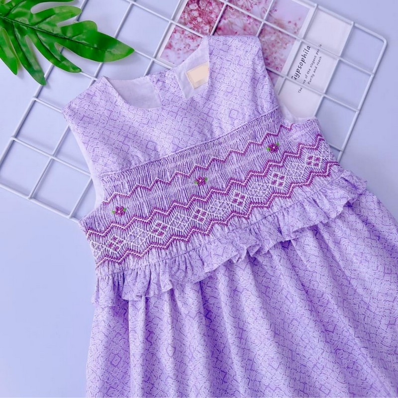 Spring Summer Dress 2026 Purple Geometric Smocked Dress Wholesale Smocked Clothing