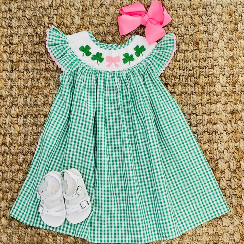 St Patrick Dress 2026 Green White Checkered Clover Dress Wholesale Smocked Clothing