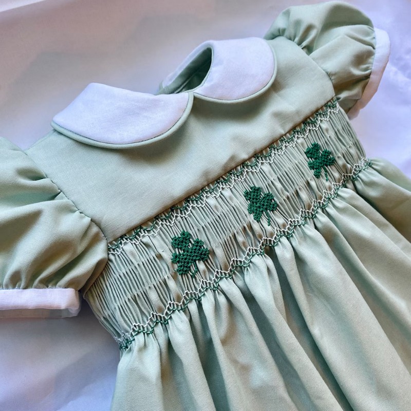 St Patrick Dress 2026 Seafoam Green Clover Dress Wholesale Smocked Clothing