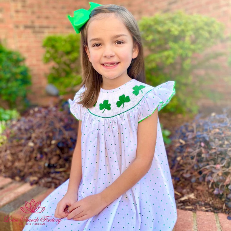 St Patrick Dress 2025 White Clover Dress Wholesale Smocked Clothing