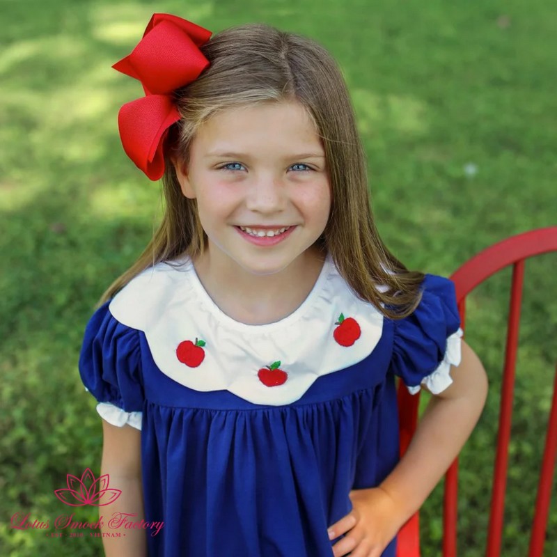 Back to School Outfit 2026 Apple Embroidered Dress Wholesale Smocked Clothing
