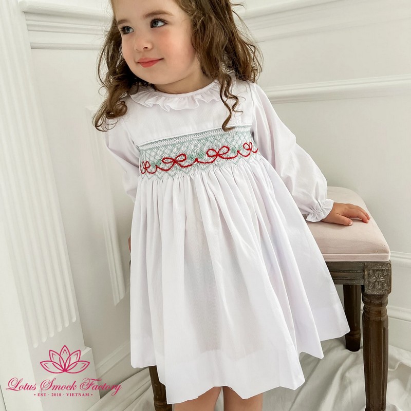 Christmas Outfit 2026 Festive Bows Smocked Dress Wholesale Smocked Clothing