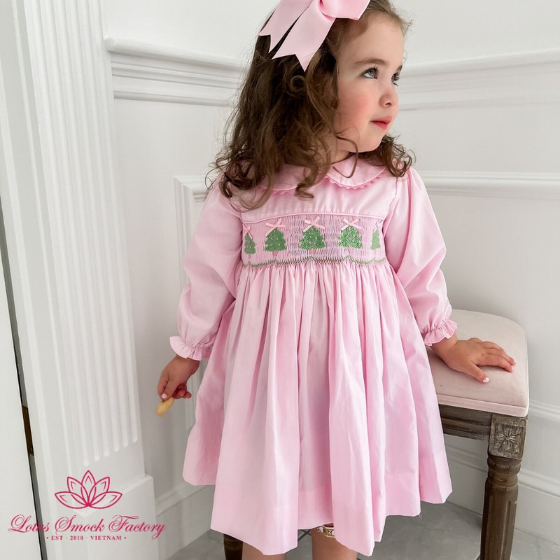 Christmas Outfit 2025 Light Pink Pine Tree Smocked Dress Wholesale Smocked Clothing
