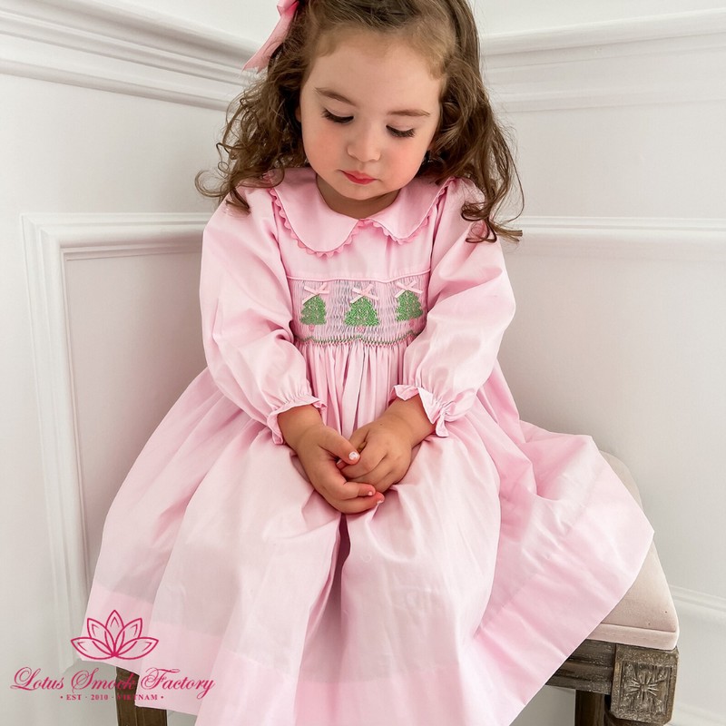 Christmas Outfit 2026 Light Pink Pine Tree Smocked Dress Wholesale Smocked Clothing