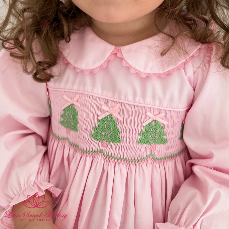 Christmas Outfit 2026 Light Pink Pine Tree Smocked Dress Wholesale Smocked Clothing