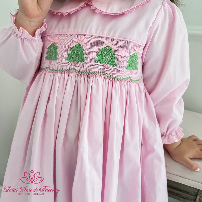 Christmas Outfit 2026 Light Pink Pine Tree Smocked Dress Wholesale Smocked Clothing