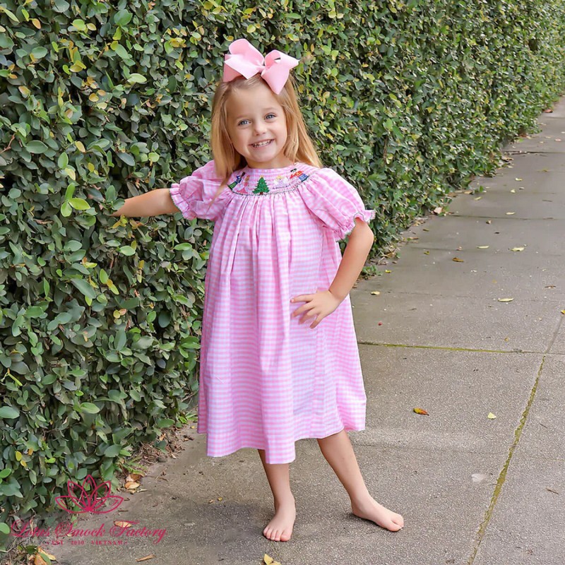 Christmas Outfit 2025 Pink Gingham Princess Smocked Dress Wholesale Smocked Clothing