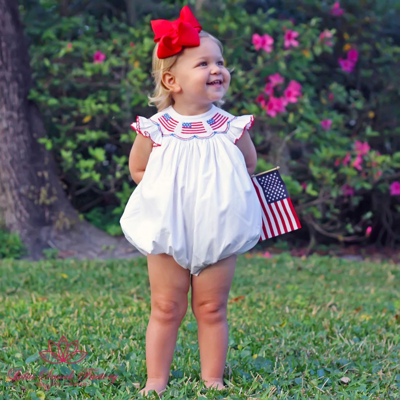 Fourth of July Outfit 2025 American Flag Smocked White Bubble Wholesale Smock Clothing