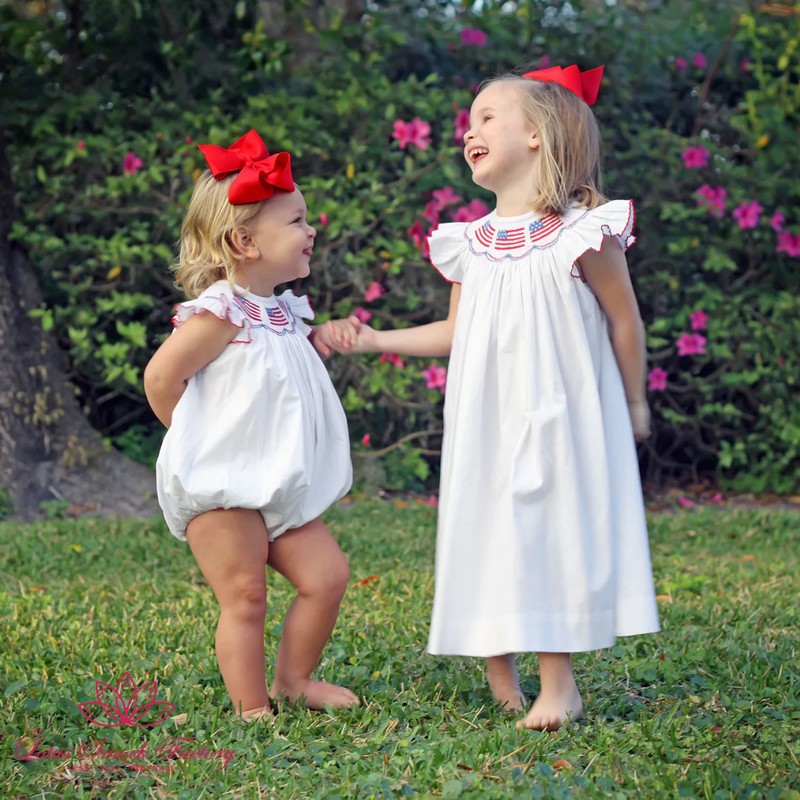 Fourth of July Outfit 2026 American Flag Smocked White Bubble Wholesale Smock Clothing