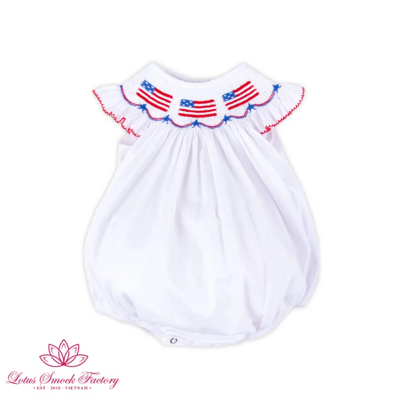 Fourth of July Outfit 2026 American Flag Smocked White Bubble Wholesale Smock Clothing
