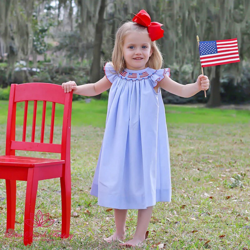 Fourth of July Outfit 2025 Light Blue Gingham American Flag Smocked Dress Wholesale Smock Clothing