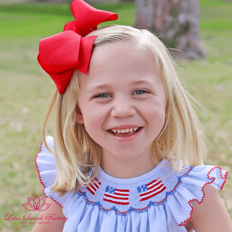 Fourth of July Outfit 2026 Light Blue Gingham American Flag Smocked Dress Wholesale Smock Clothing