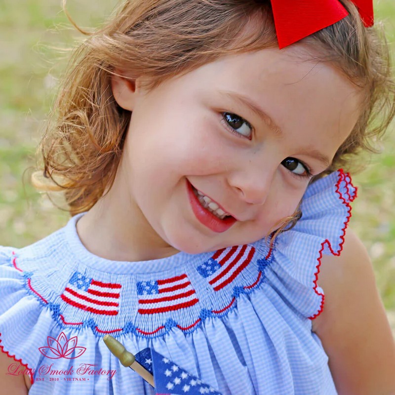 Fourth of July Outfit 2026 Light Blue Gingham American Flag Smocked Dress Wholesale Smock Clothing