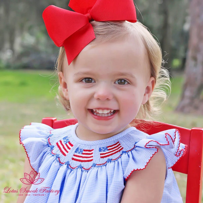 Fourth of July Outfit 2026 Light Blue Gingham American Flag Smocked Dress Wholesale Smock Clothing