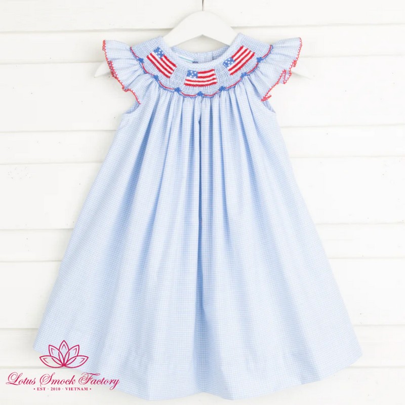 Fourth of July Outfit 2026 Light Blue Gingham American Flag Smocked Dress Wholesale Smock Clothing