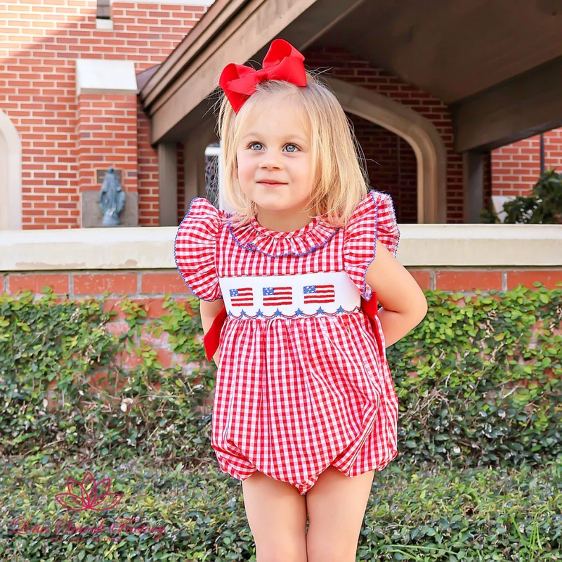 Fourth of July Outfit 2025 Red Gingham American Flag Smocked Bubble Wholesale Smock Clothing