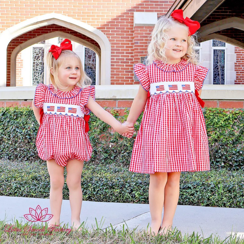 Fourth of July Outfit 2026 Red Gingham American Flag Smocked Bubble Wholesale Smock Clothing