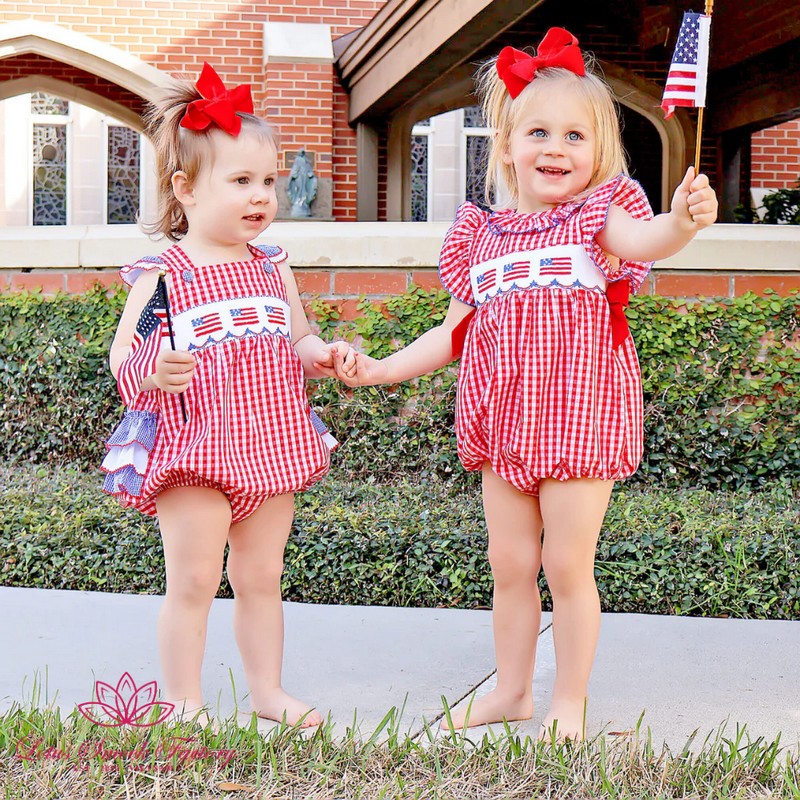 Fourth of July Outfit 2026 Red Gingham American Flag Smocked Bubble Wholesale Smock Clothing