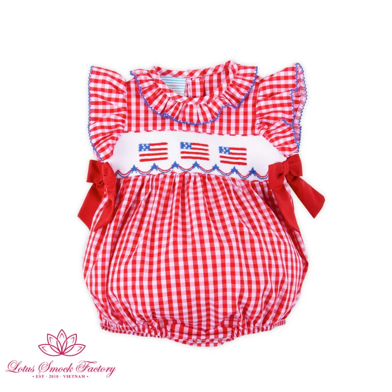 Fourth of July Outfit 2026 Red Gingham American Flag Smocked Bubble Wholesale Smock Clothing