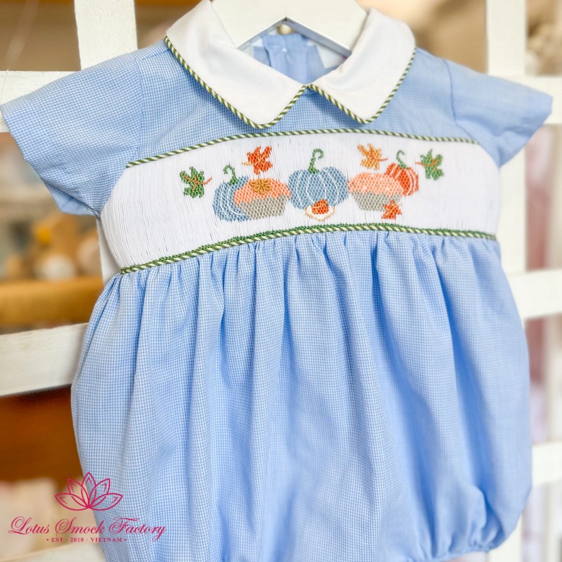 Halloween Outfit 2026 Blue Checkered Pumpkin Cupcake Smocked Dress Wholesale Smocked Clothing