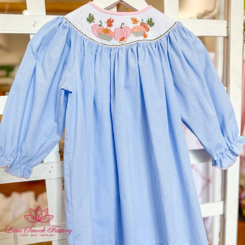Halloween Outfit 2026 Blue Checkered Pumpkin Cupcake Smocked Dress Wholesale Smocked Clothing