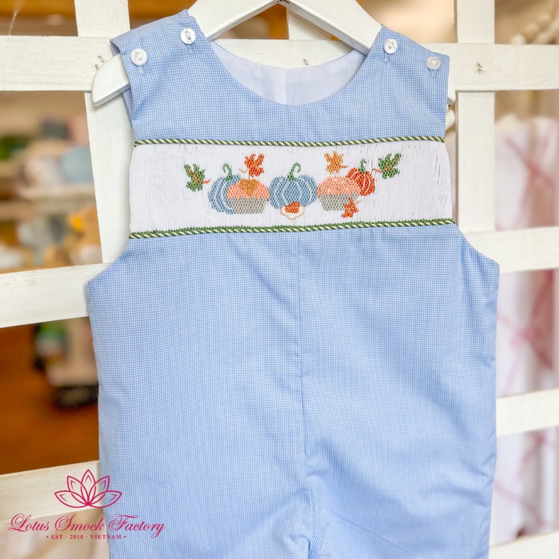 Halloween Outfit 2026 Blue Checkered Pumpkin Cupcake Smocked Dress Wholesale Smocked Clothing