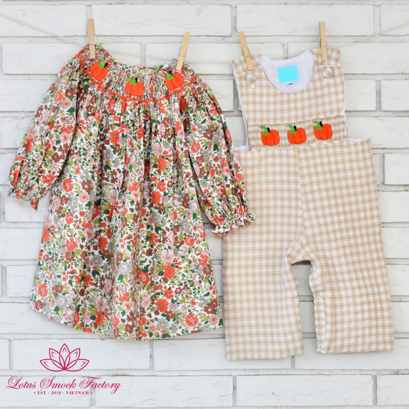 Halloween Outfit 2025 Pumpkin Smocked Floral Dress Wholesale Smocked Clothing