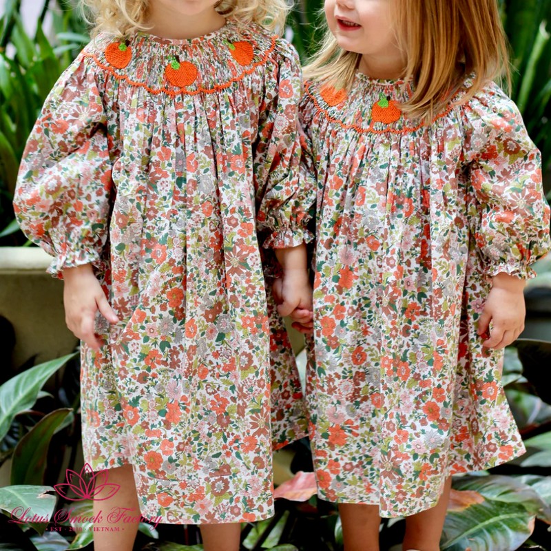 Halloween Outfit 2026 Pumpkin Smocked Floral Dress Wholesale Smocked Clothing