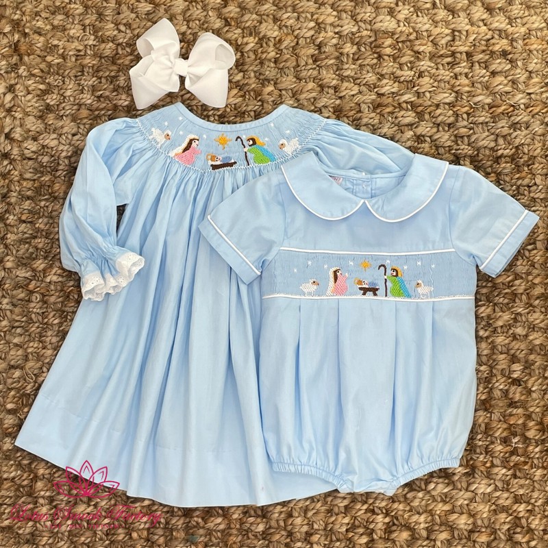Christmas Outfit 2025 Christmas Night Smocked Blue Bubble Wholesale Smocked Clothing