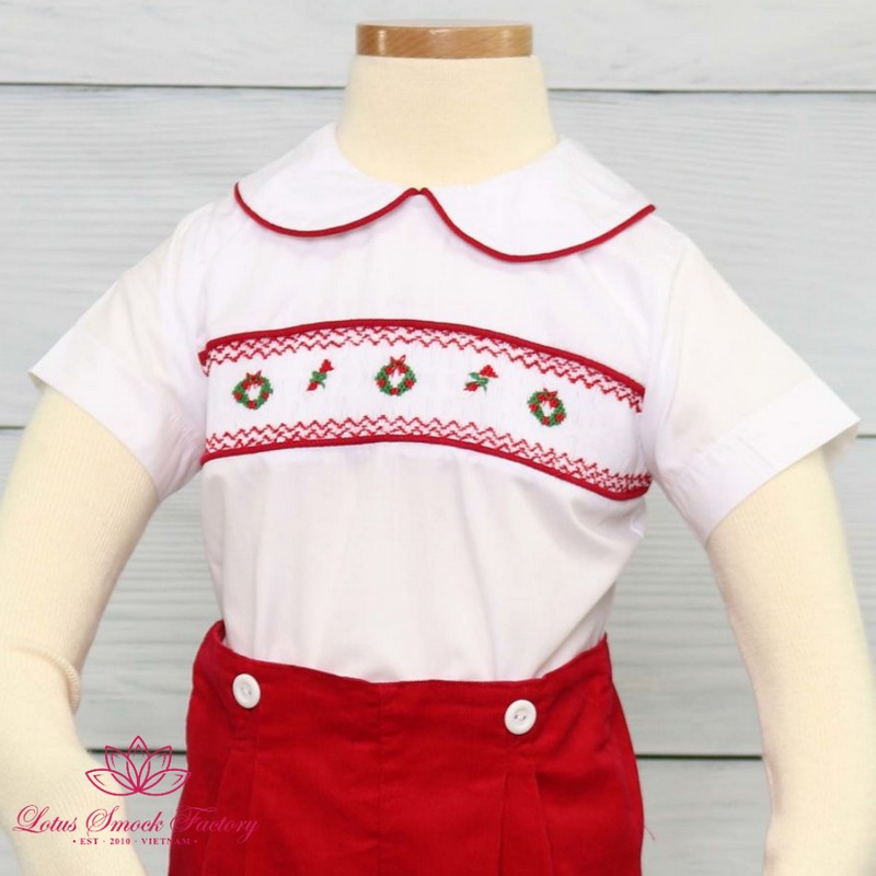 Christmas Outfit 2025 Christmas Wreath Smocked Set Wholesale Smocked Clothing