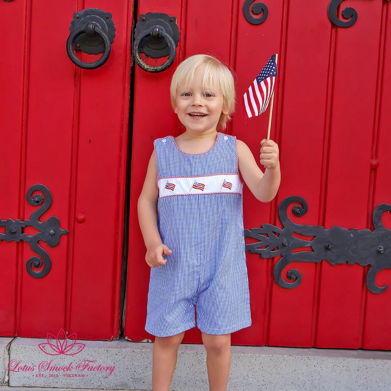 Fourth of July Outfit 2025 American Flag Shortall Wholesale Smocked Clothing