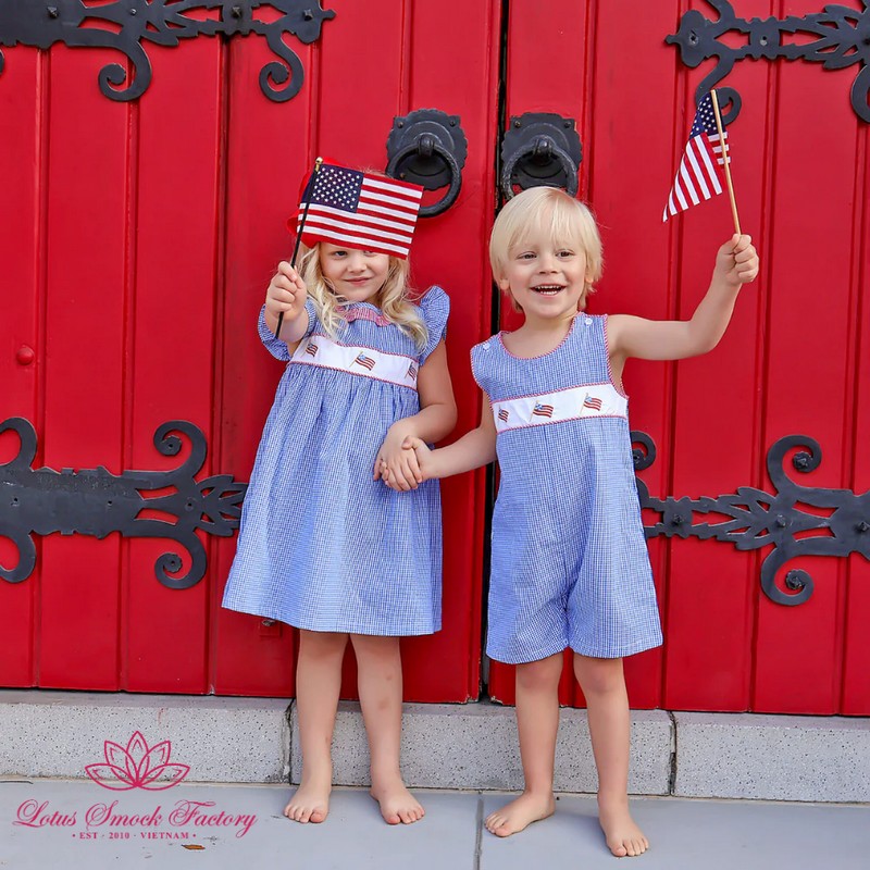 Fourth of July Outfit 2026 American Flag Shortall Wholesale Smocked Clothing