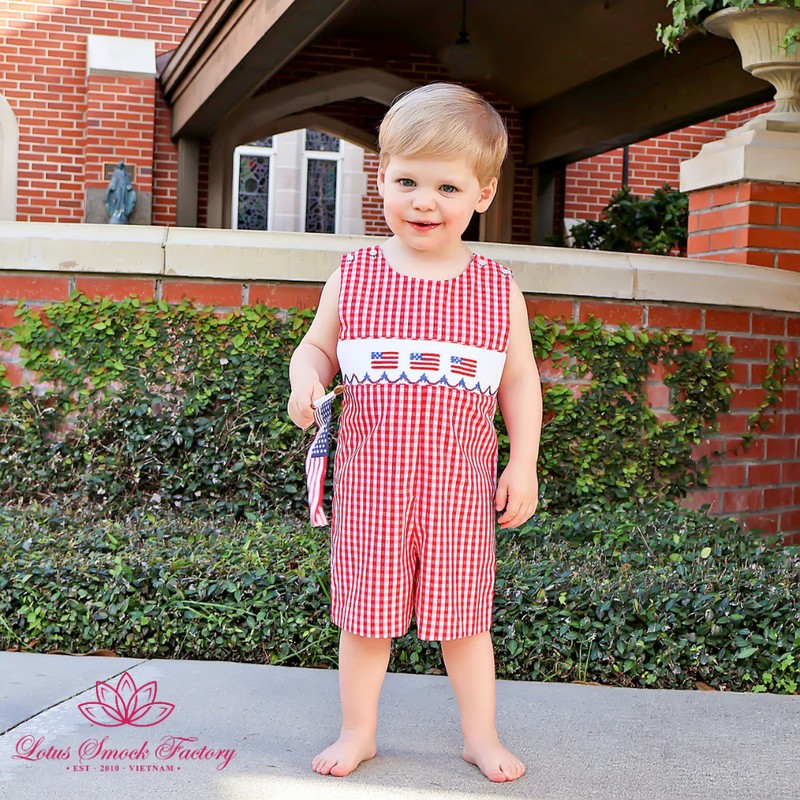 Fourth of July Outfit 2025 Red Gingham American Flag Smocked Set Wholesale Smocked Clothing