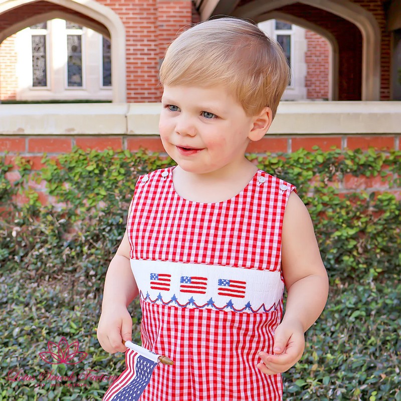 Fourth of July Outfit 2026 Red Gingham American Flag Smocked Set Wholesale Smocked Clothing