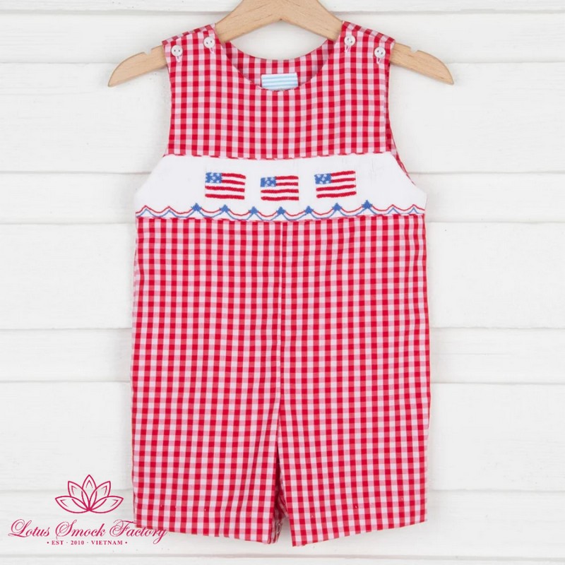 Fourth of July Outfit 2026 Red Gingham American Flag Smocked Set Wholesale Smocked Clothing