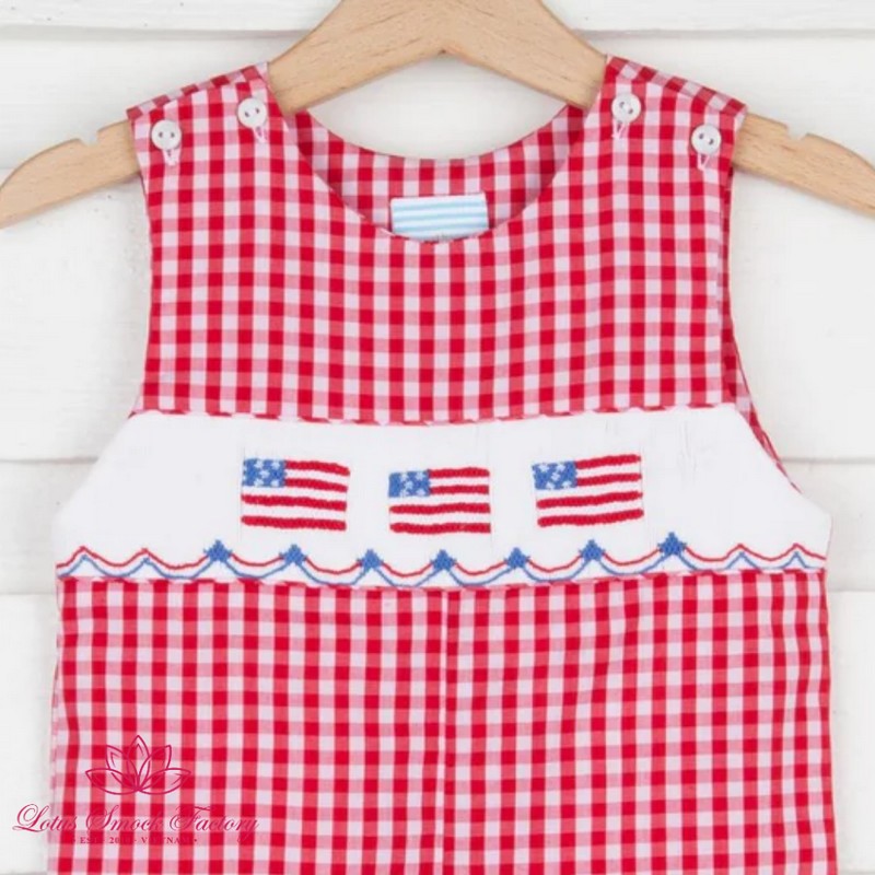 Fourth of July Outfit 2026 Red Gingham American Flag Smocked Set Wholesale Smocked Clothing