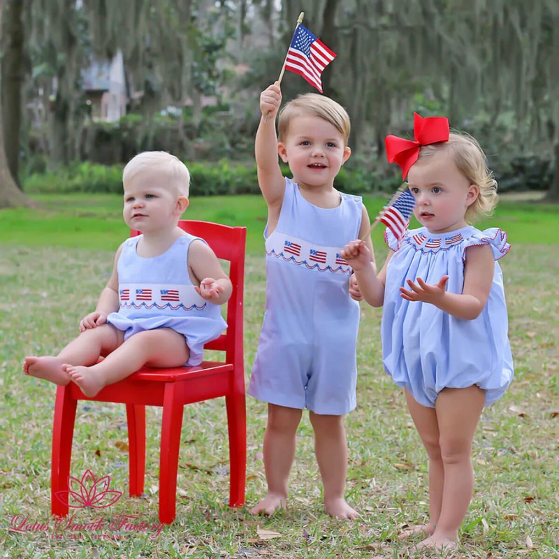 Fourth of July Outfit 2026 Smocked American Flag Light Blue Bubble Wholesale Smocked Clothing
